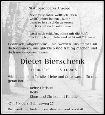 Traueranzeige von Dieter Bierschenk von Rheinische Post