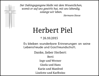 Traueranzeige von Herbert Piel von Rheinische Post