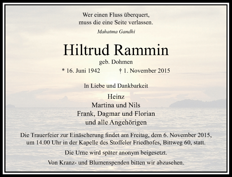  Traueranzeige für Hiltrud Rammin vom 04.11.2015 aus Rheinische Post