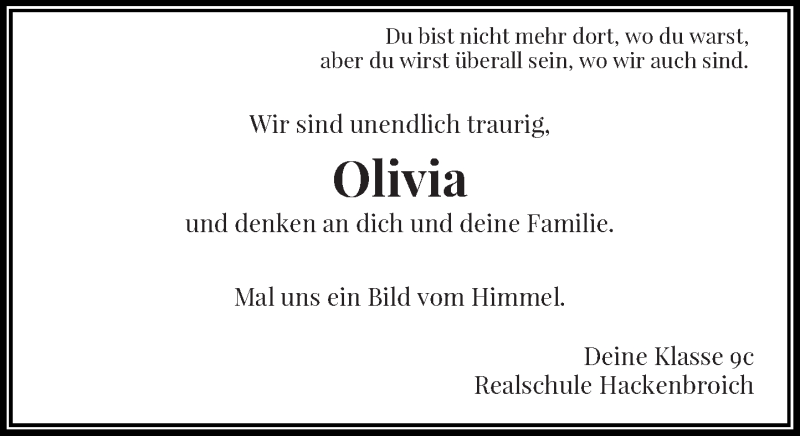  Traueranzeige für Olivia  vom 28.11.2015 aus Rheinische Post