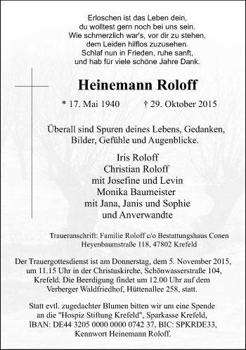 Traueranzeige von Heinemann Roloff von Rheinische Post