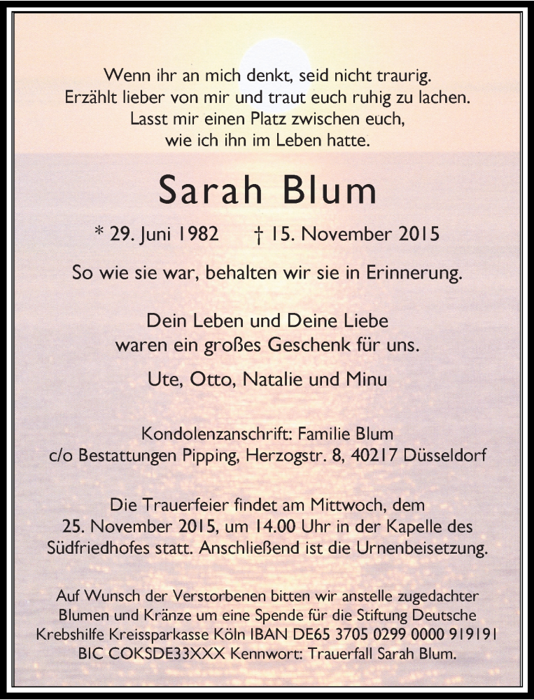 Traueranzeige für Sarah Blum vom 21.11.2015 aus Rheinische Post