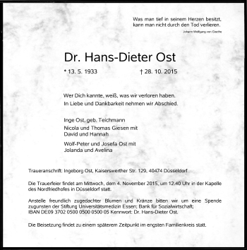 Traueranzeige von Hans-Dieter Ost von Rheinische Post