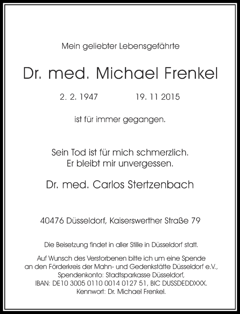  Traueranzeige für Michael Frenkel vom 28.11.2015 aus Rheinische Post