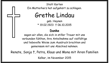 Traueranzeige von Grethe Lindau von Rheinische Post