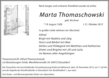 Traueranzeige von Marta Thomaschowski von Rheinische Post