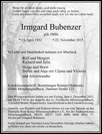 Traueranzeige von Irmgard Bubenzer von Rheinische Post