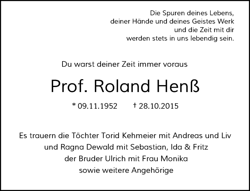  Traueranzeige für Roland Henß vom 31.10.2015 aus Rheinische Post