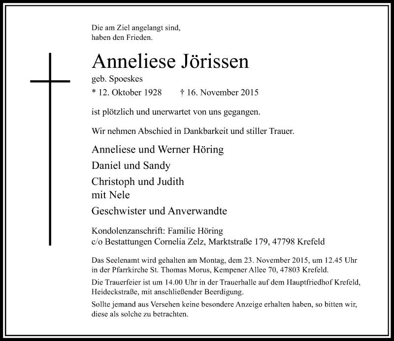  Traueranzeige für Anneliese Jörissen vom 19.11.2015 aus Rheinische Post