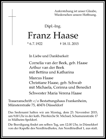 Traueranzeige von Franz Haase von Rheinische Post