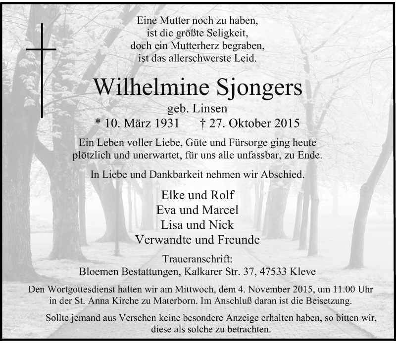  Traueranzeige für Wilhelmine Sjongers vom 31.10.2015 aus Rheinische Post