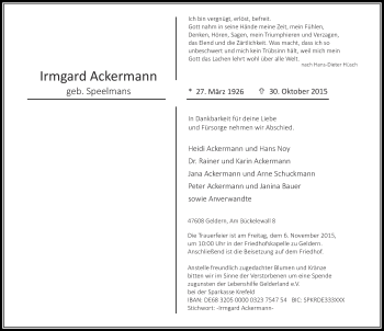 Traueranzeige von Irmgard Ackermann von Rheinische Post