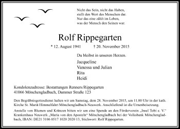 Traueranzeige von Rolf Rippegarten von Rheinische Post