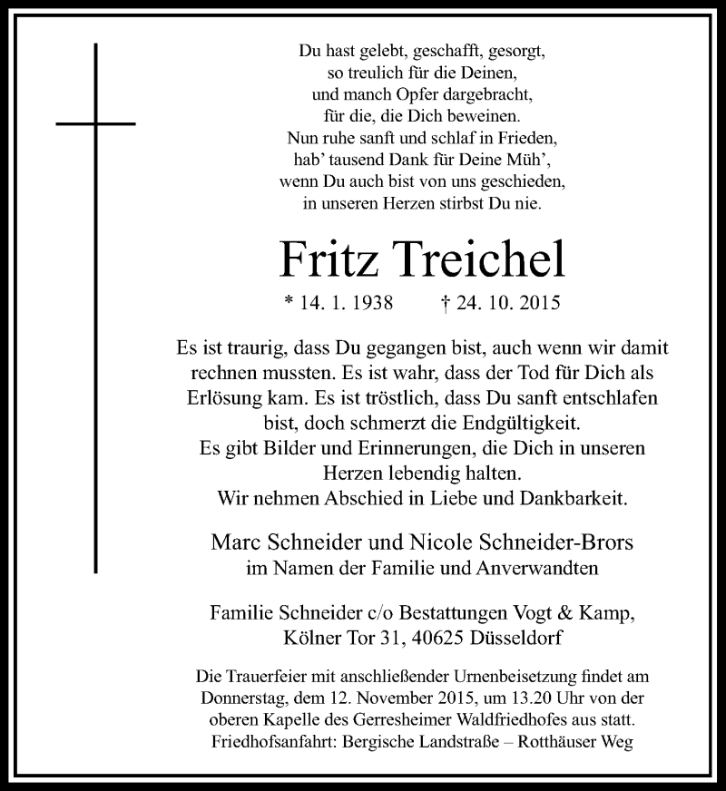  Traueranzeige für Fritz Treichel vom 07.11.2015 aus Rheinische Post