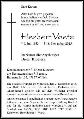 Traueranzeige von Herbert Voetz von Rheinische Post