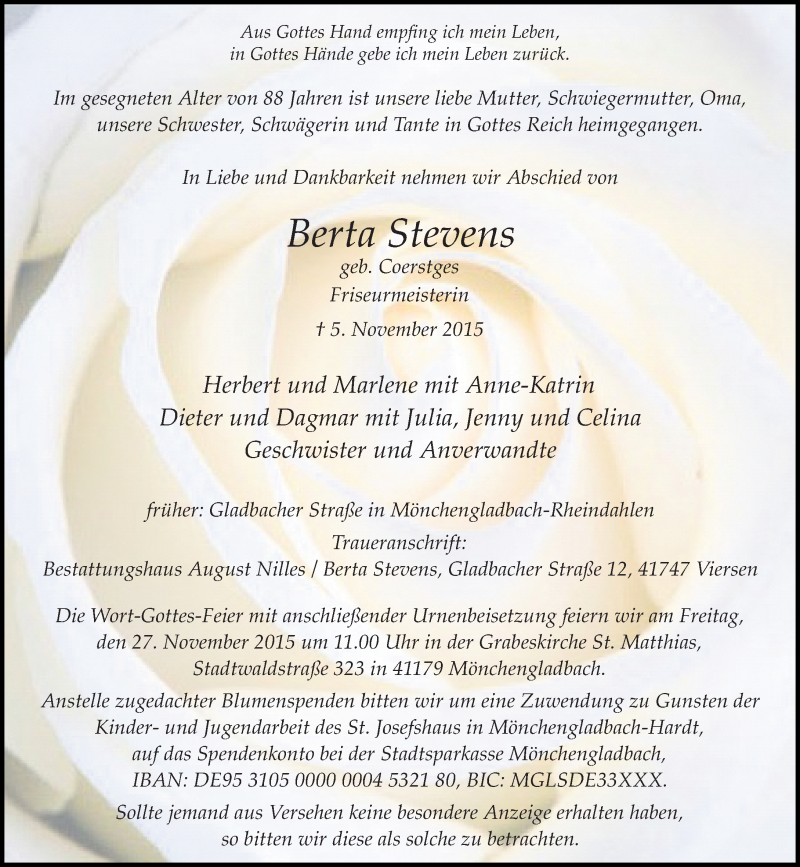  Traueranzeige für Berta Stevens vom 14.11.2015 aus Rheinische Post