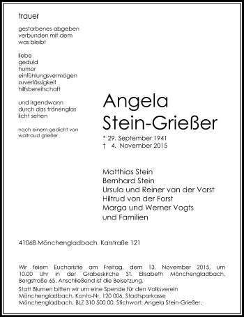 Traueranzeige von Angela Stein-Grießer von Rheinische Post