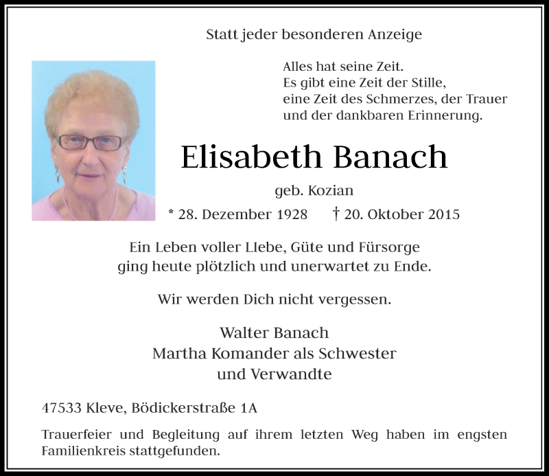  Traueranzeige für Elisabeth Banach vom 31.10.2015 aus Rheinische Post