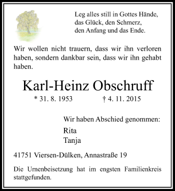 Traueranzeige von Karl-Heinz Obschruff von Rheinische Post