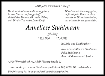 Traueranzeige von Anneliese Stuhlmann von Rheinische Post