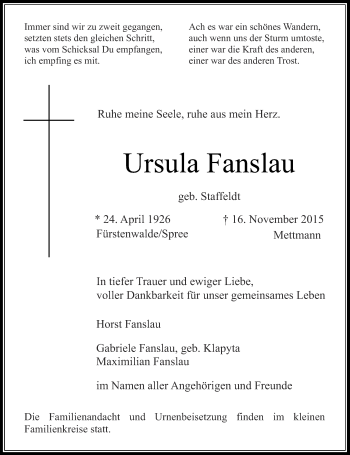 Traueranzeige von Ursula Fanslau von Rheinische Post