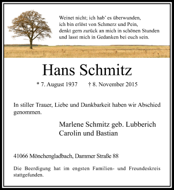 Traueranzeige von Hans Schmitz von Rheinische Post