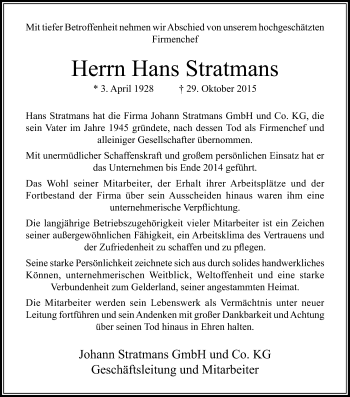 Traueranzeige von Hans Stratmans von Rheinische Post