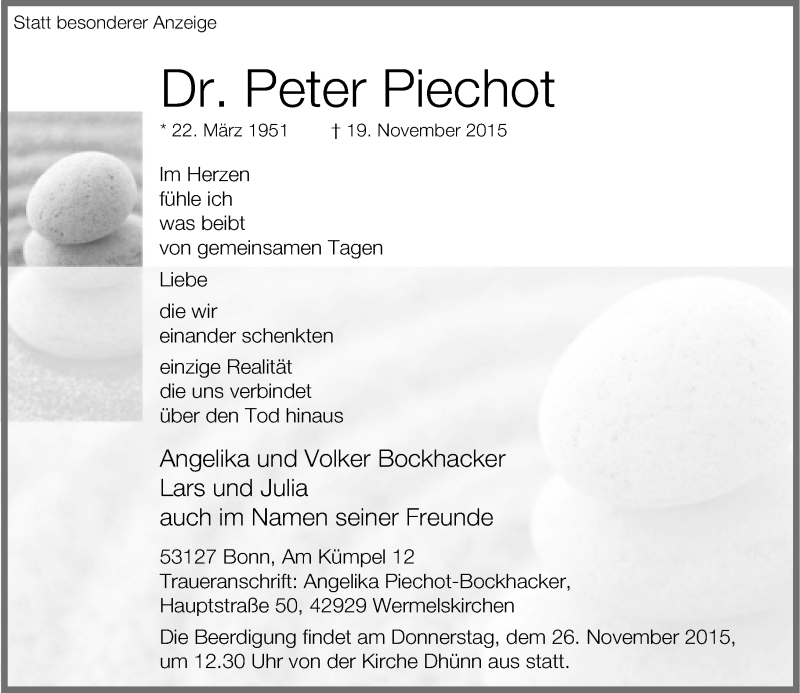  Traueranzeige für Peter Piechot vom 24.11.2015 aus Rheinische Post