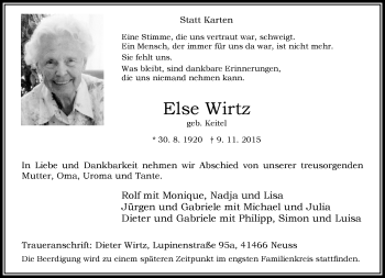 Traueranzeige von Else Wirtz von Rheinische Post