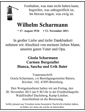 Traueranzeige von Wilhelm Scharmann von Rheinische Post