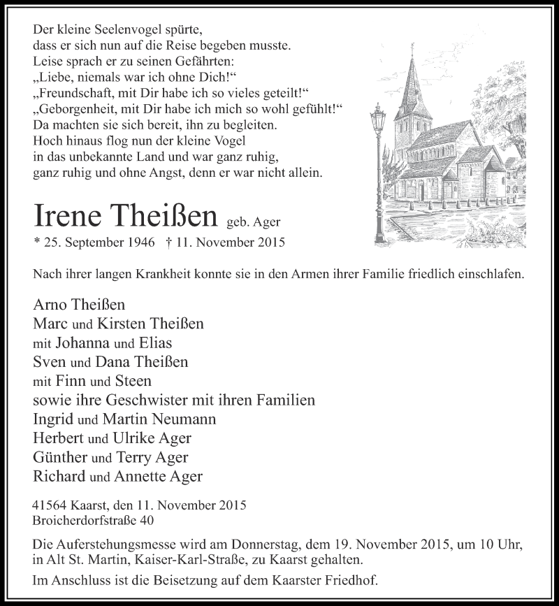 Traueranzeige für Irene Theißen vom 14.11.2015 aus Rheinische Post