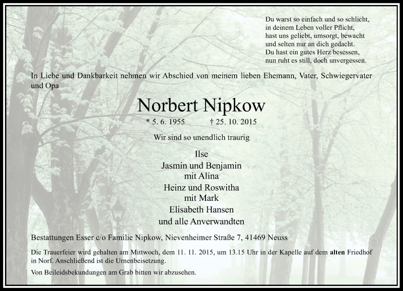  Traueranzeige für Norbert Nipkow vom 06.11.2015 aus Rheinische Post