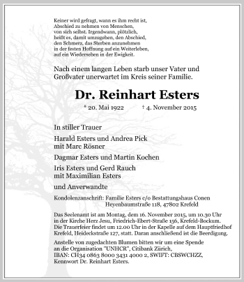 Traueranzeige von Reinhart Esters von Rheinische Post