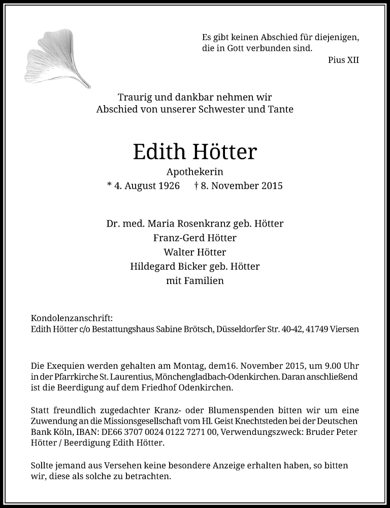  Traueranzeige für Edith Hötter vom 12.11.2015 aus Rheinische Post