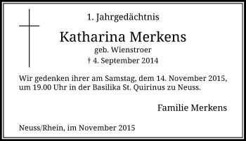 Traueranzeige von Katharina Merkens von Rheinische Post