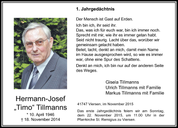 Traueranzeige von Hermann-Josef Tillmanns von Rheinische Post