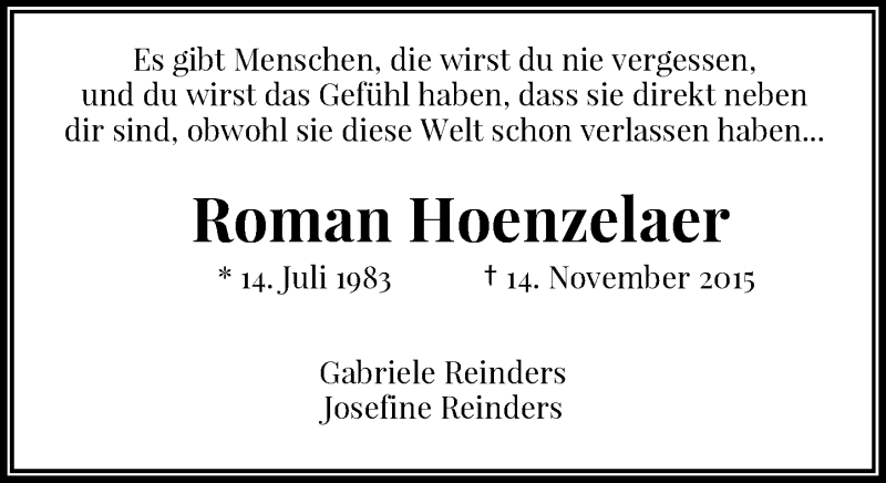  Traueranzeige für Roman Hoenzelaer vom 19.11.2015 aus Rheinische Post