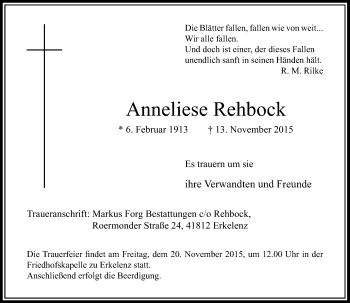 Traueranzeige von Anneliese Rehbock von Rheinische Post
