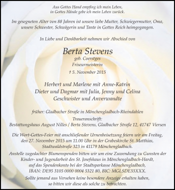 Traueranzeige von Berta Stevens von Rheinische Post