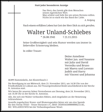 Traueranzeige von Walter Unland-Schlebes von Rheinische Post