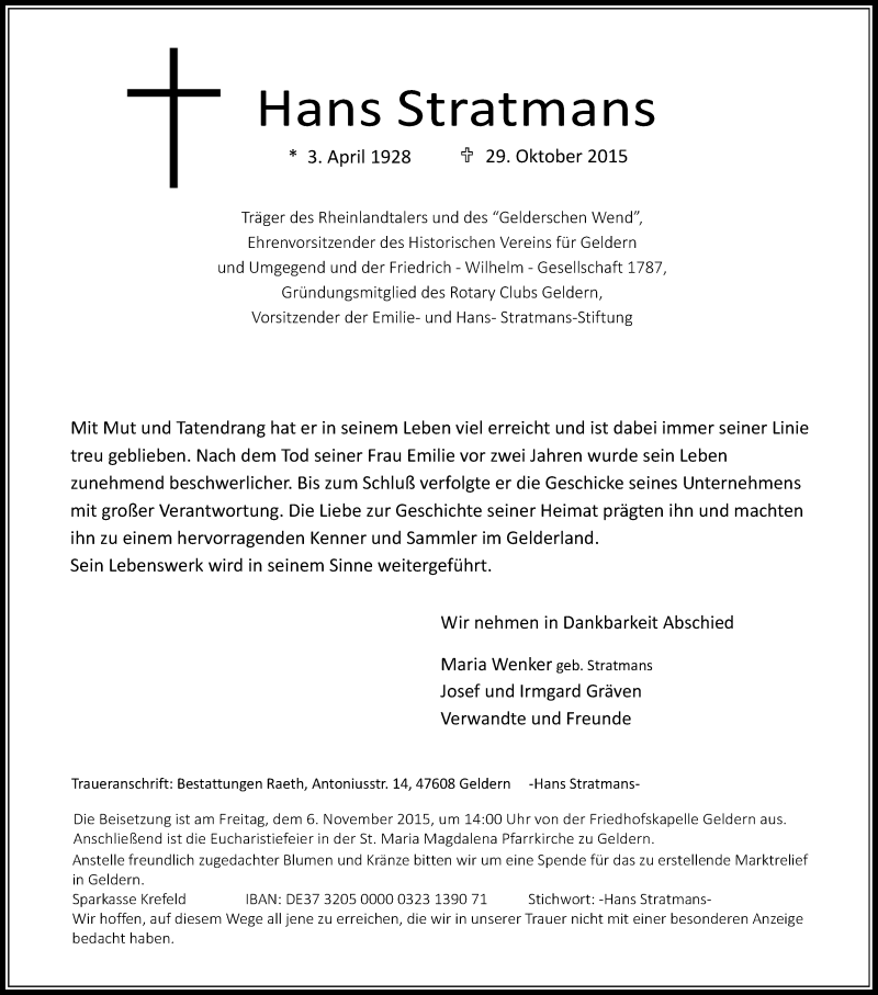  Traueranzeige für Hans Stratmans vom 02.11.2015 aus Rheinische Post