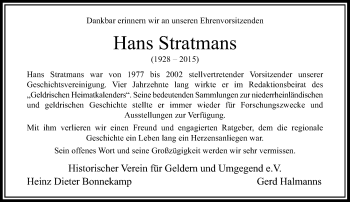 Traueranzeige von Hans Stratmans von Rheinische Post