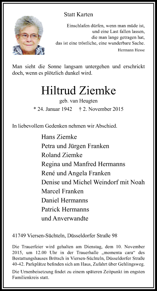  Traueranzeige für Hiltrud Ziemke vom 05.11.2015 aus Rheinische Post