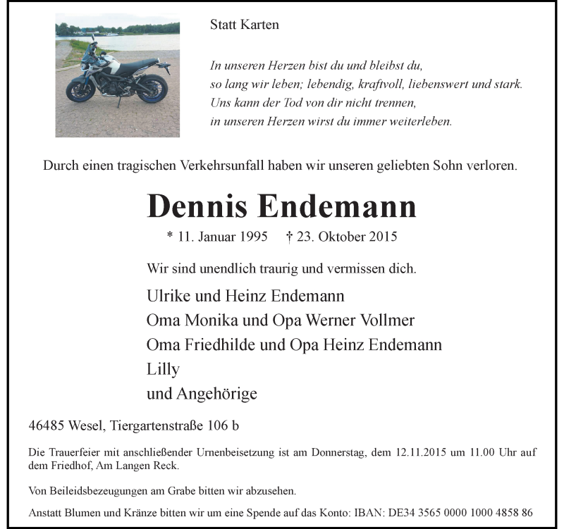  Traueranzeige für Dennis Endemann vom 07.11.2015 aus Rheinische Post