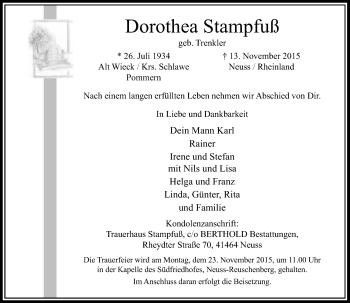 Traueranzeige von Dorothea Stampfuß von Rheinische Post