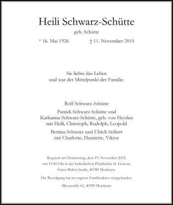 Traueranzeige von Heili Schwarz-Schütte von Rheinische Post