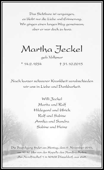 Traueranzeige von Martha Jeckel von Rheinische Post