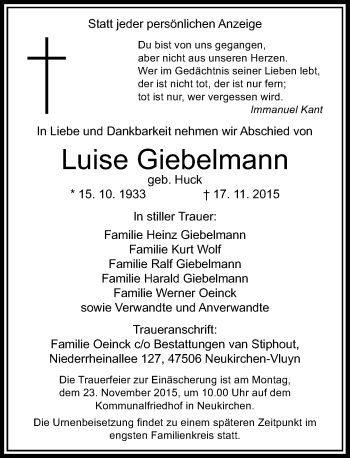 Traueranzeige von Luise Giebelmann von Rheinische Post