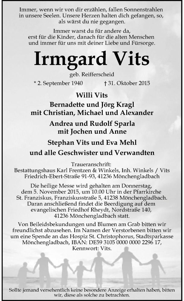  Traueranzeige für Irmgard Vits vom 03.11.2015 aus Rheinische Post