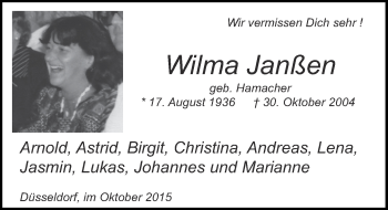 Traueranzeige von Wilma Janßen von Rheinische Post